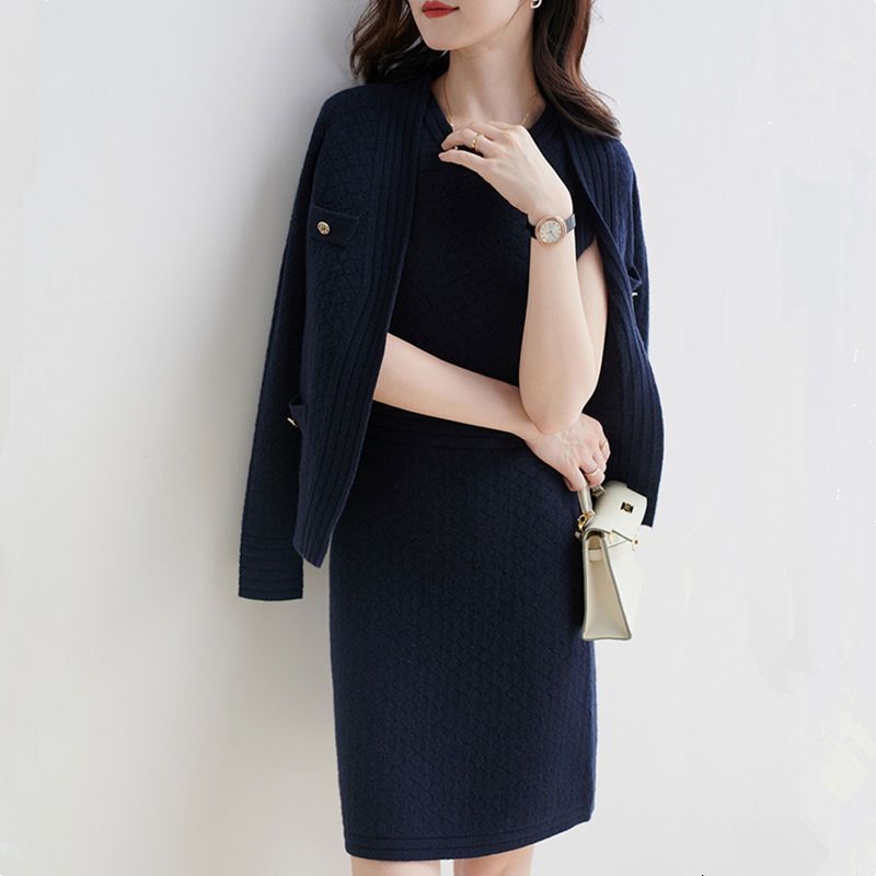 Western Style Young Adult Lady Like Woman Skirt Dress Knitted Cardigan Women's Clothes Two-piece Set