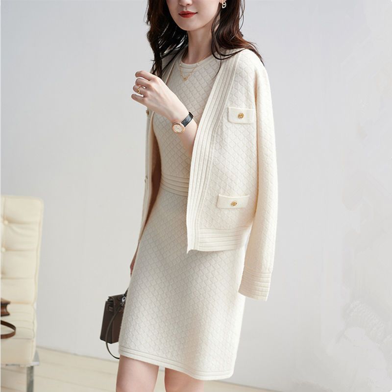 Western Style Young Adult Lady Like Woman Skirt Dress Knitted Cardigan Women's Clothes Two-piece Set