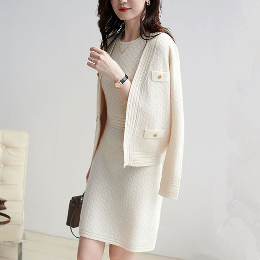 Western Style Young Adult Lady Like Woman Skirt Dress Knitted Cardigan Women's Clothes Two-piece Set