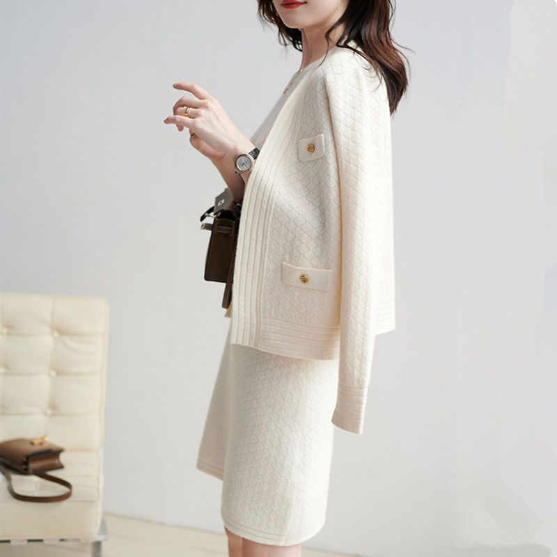 Western Style Young Adult Lady Like Woman Skirt Dress Knitted Cardigan Women's Clothes Two-piece Set